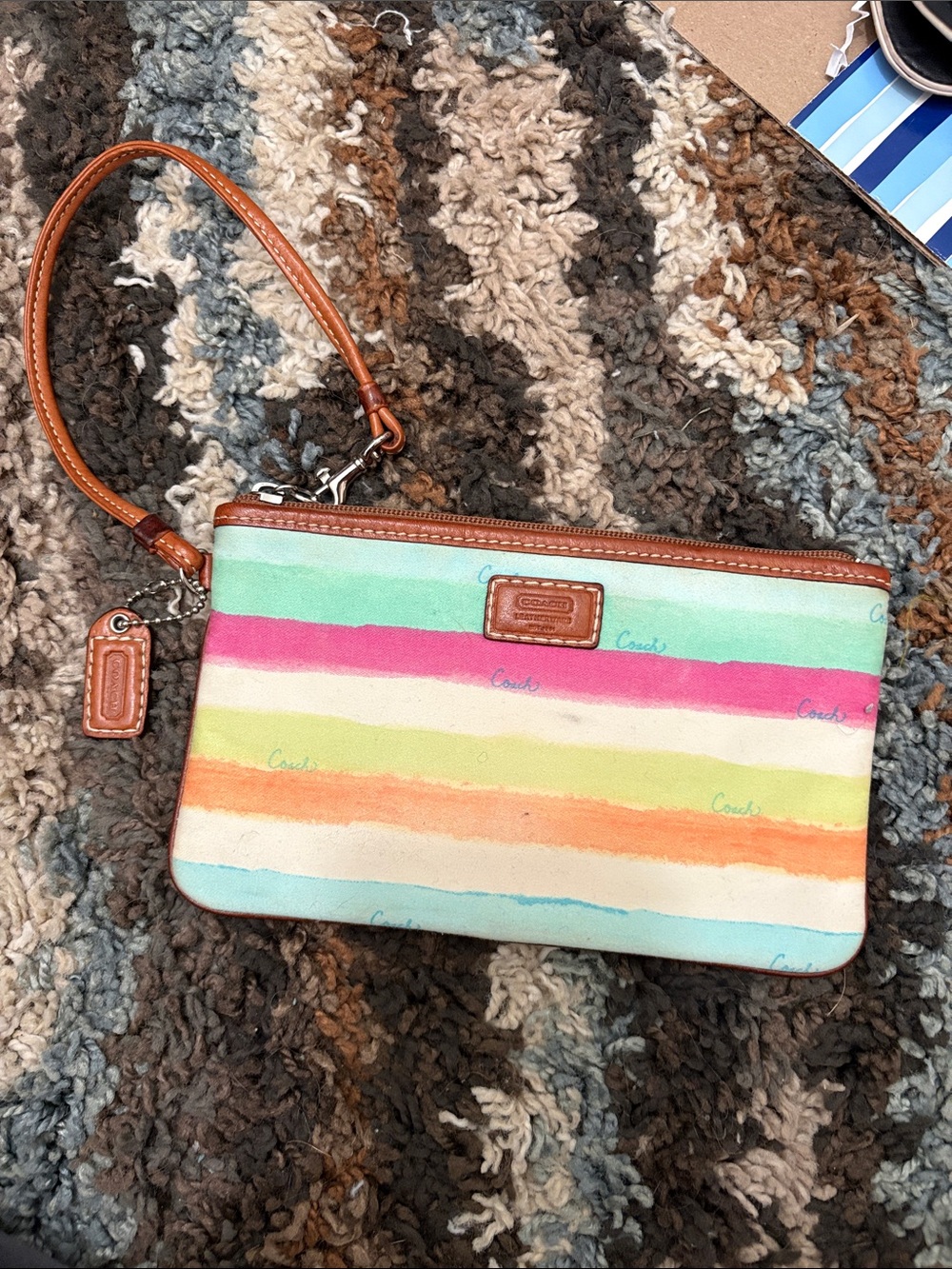 Coach Multicolor Pastel Stripe Canvas Wristlet with Tan Leather Trim